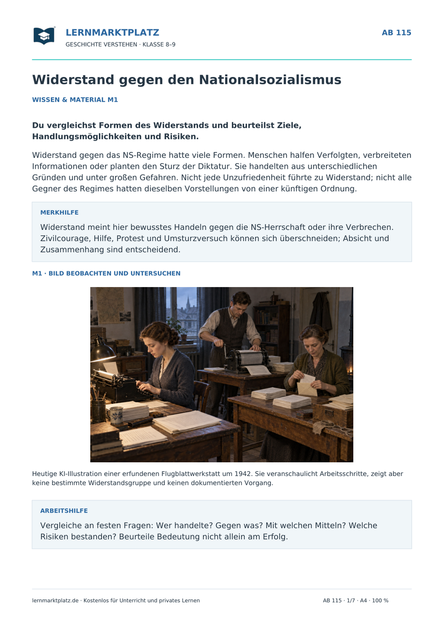 Vorschau: Widerstand gegen den Nationalsozialismus – Geschichte-Arbeitsblatt für Klasse 8–9 von Lernmarktplatz