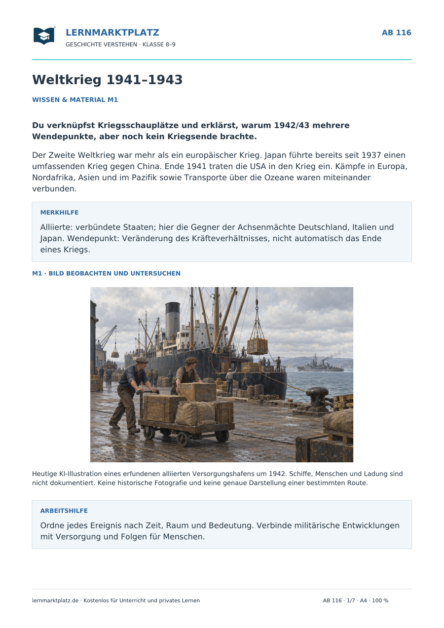 Vorschau: Weltkrieg 1941–1943 – Geschichte-Arbeitsblatt für Klasse 8–9 von Lernmarktplatz