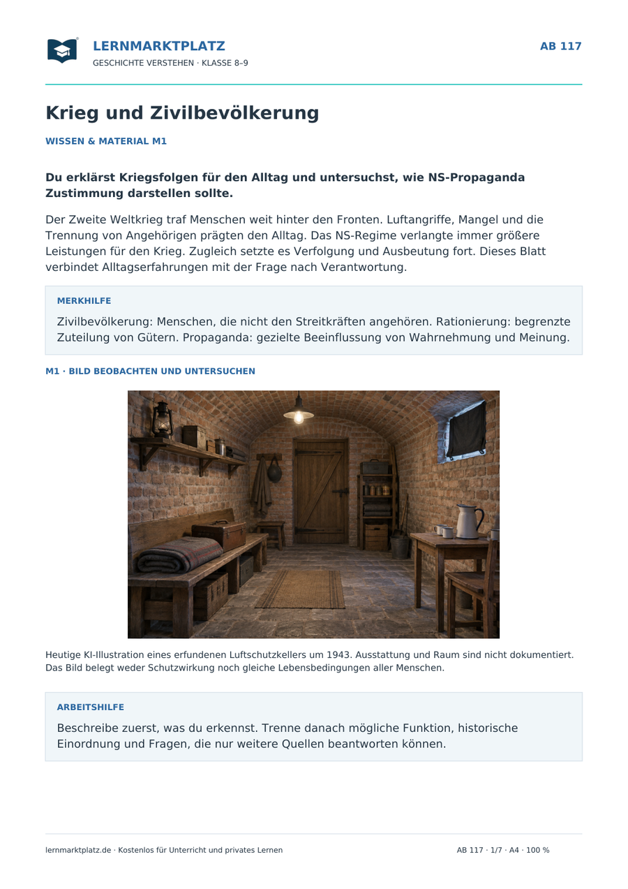 Vorschau: Krieg und Zivilbevölkerung – Geschichte-Arbeitsblatt für Klasse 8–9 von Lernmarktplatz