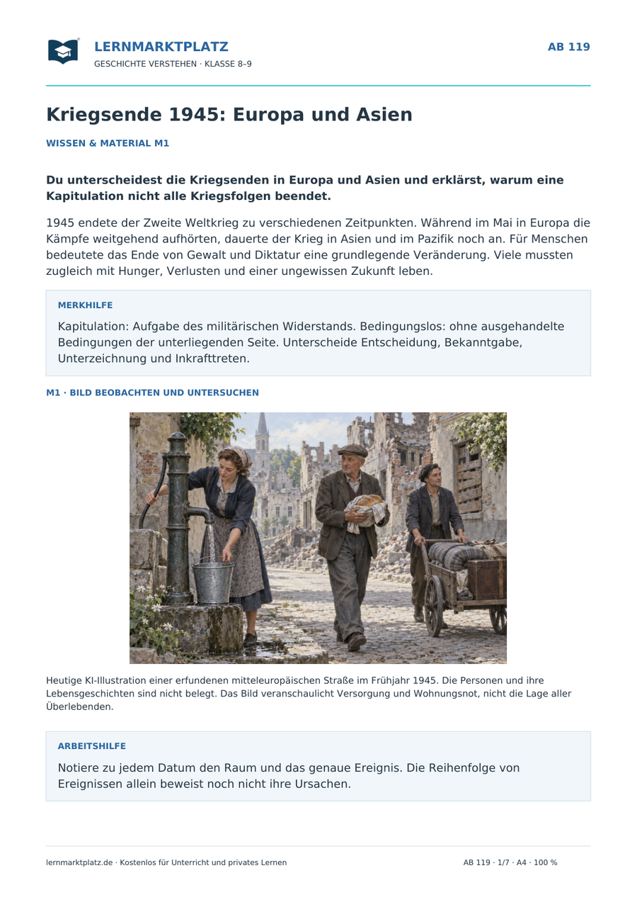Vorschau: Kriegsende 1945: Europa und Asien – Geschichte-Arbeitsblatt für Klasse 8–9 von Lernmarktplatz