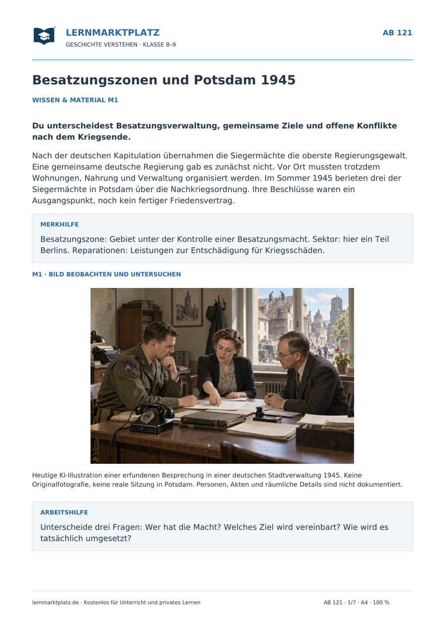 Erste Seite: Besatzungszonen und Potsdam 1945 – kostenloses Geschichte-Arbeitsblatt für Klasse 8–9 mit Lösungen
