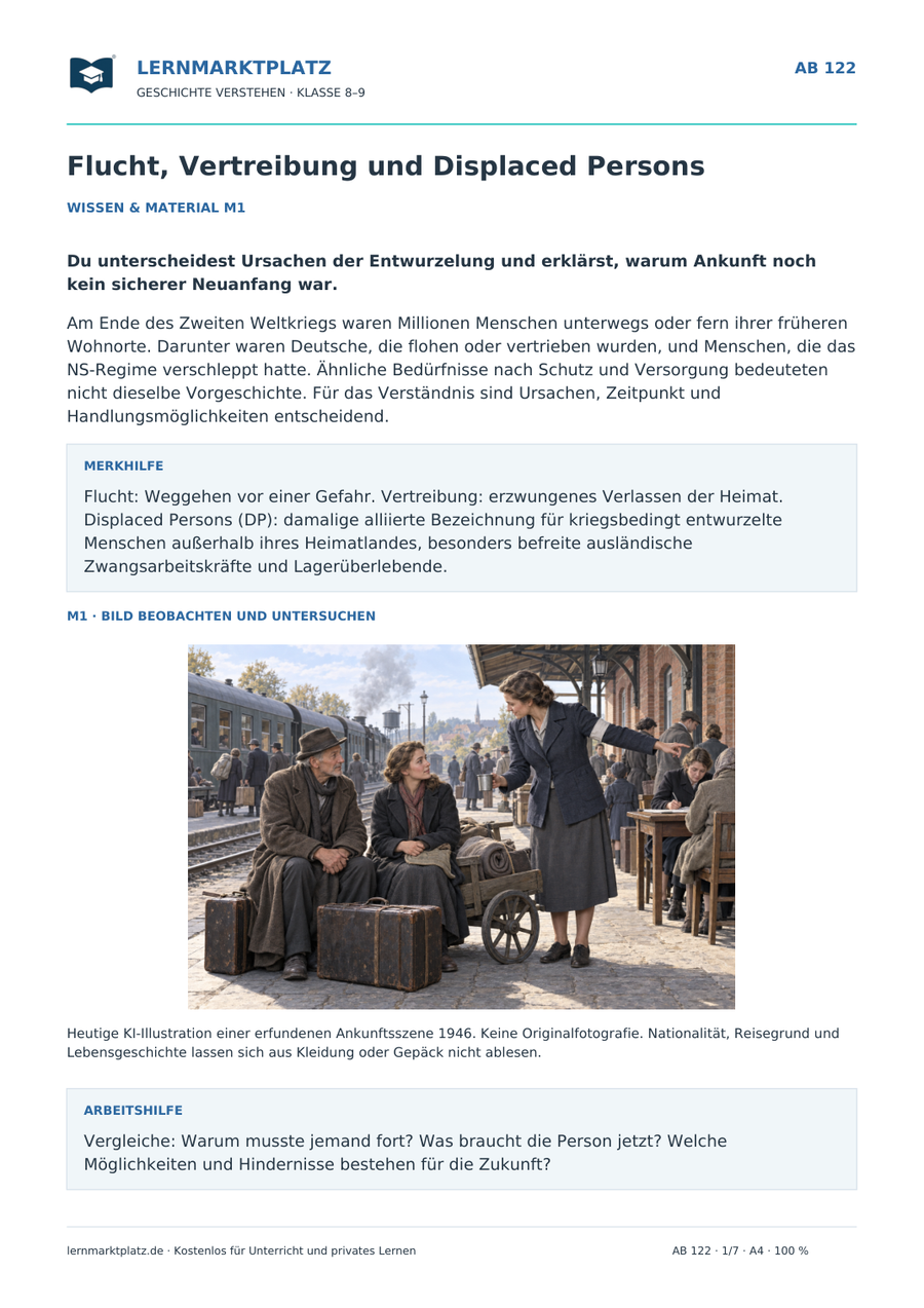 Erste Seite: Flucht, Vertreibung und Displaced Persons – kostenloses Geschichte-Arbeitsblatt für Klasse 8–9 mit Lösungen