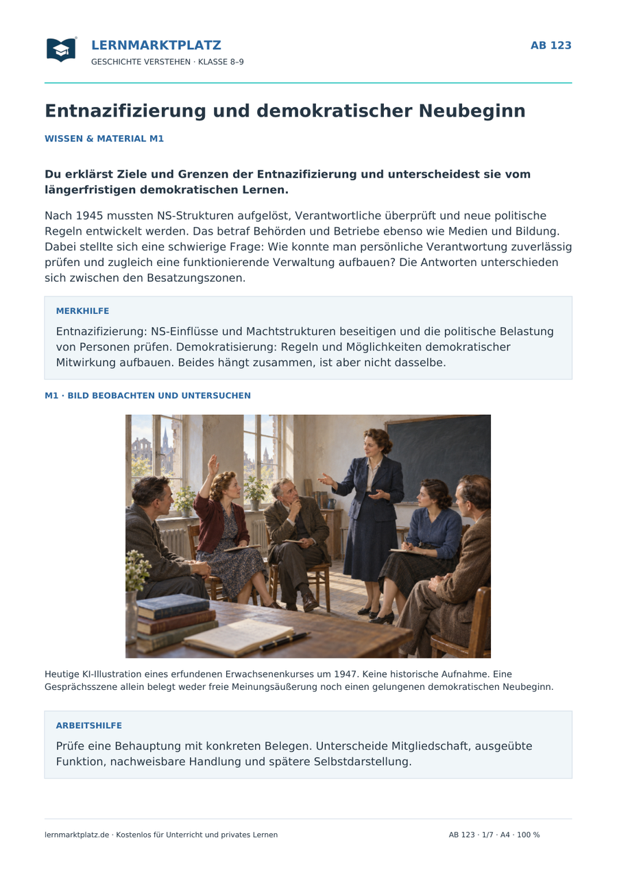 Erste Seite: Entnazifizierung und demokratischer Neubeginn – kostenloses Geschichte-Arbeitsblatt für Klasse 8–9 mit Lösungen