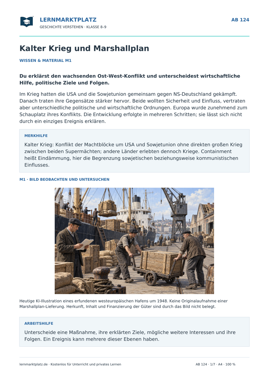 Erste Seite: Kalter Krieg und Marshallplan – kostenloses Geschichte-Arbeitsblatt für Klasse 8–9 mit Lösungen
