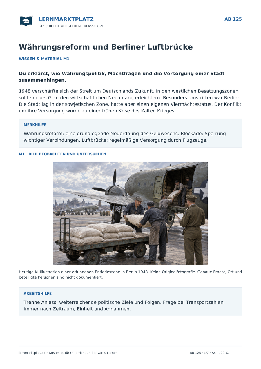 Währungsreform und Berliner Luftbrücke – Vorschau des Geschichte-Arbeitsblatts 125