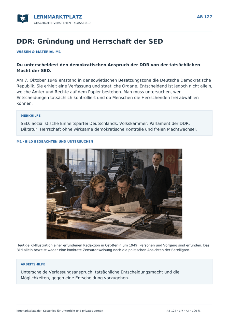 DDR: Gründung und Herrschaft der SED – Vorschau des Geschichte-Arbeitsblatts 127