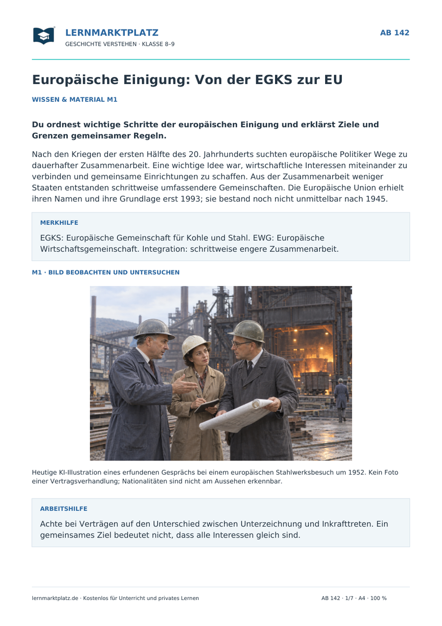 Vorschau Geschichte-Arbeitsblatt 142: Europäische Einigung: Von der EGKS zur EU, mit Lösungen