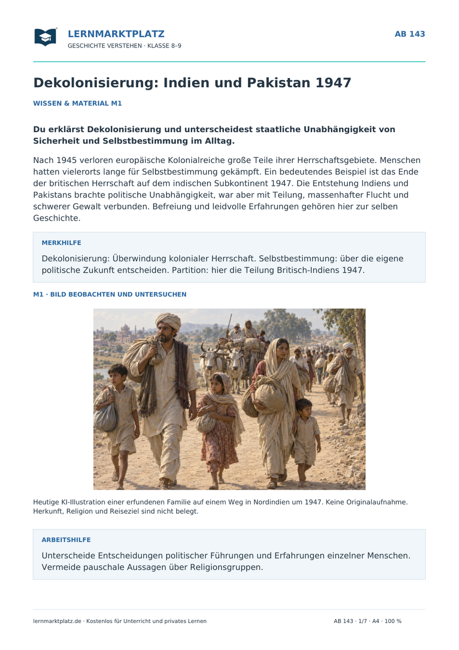 Vorschau Geschichte-Arbeitsblatt 143: Dekolonisierung: Indien und Pakistan 1947, mit Lösungen