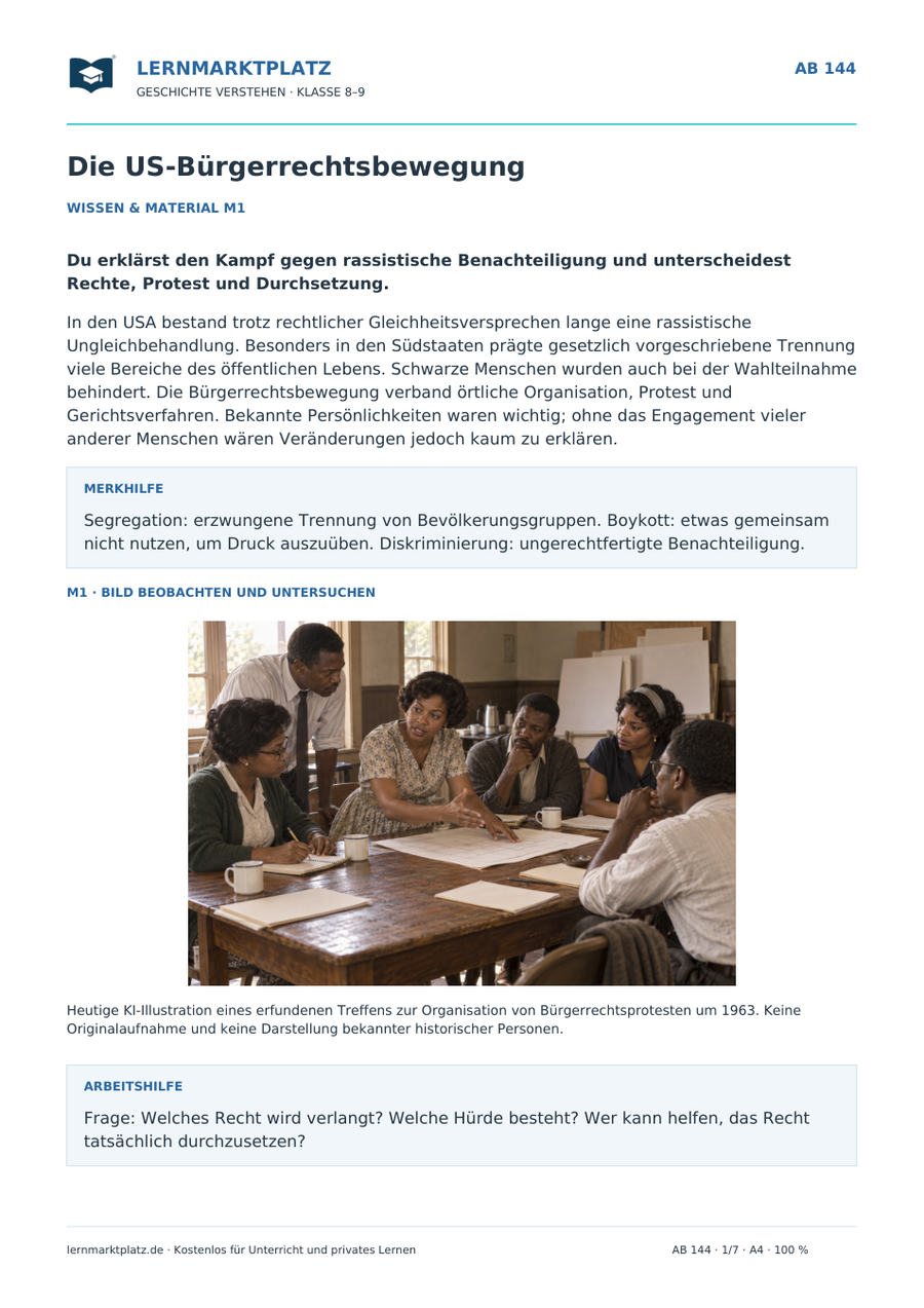 Vorschau Geschichte-Arbeitsblatt 144: Die US-Bürgerrechtsbewegung, mit Lösungen