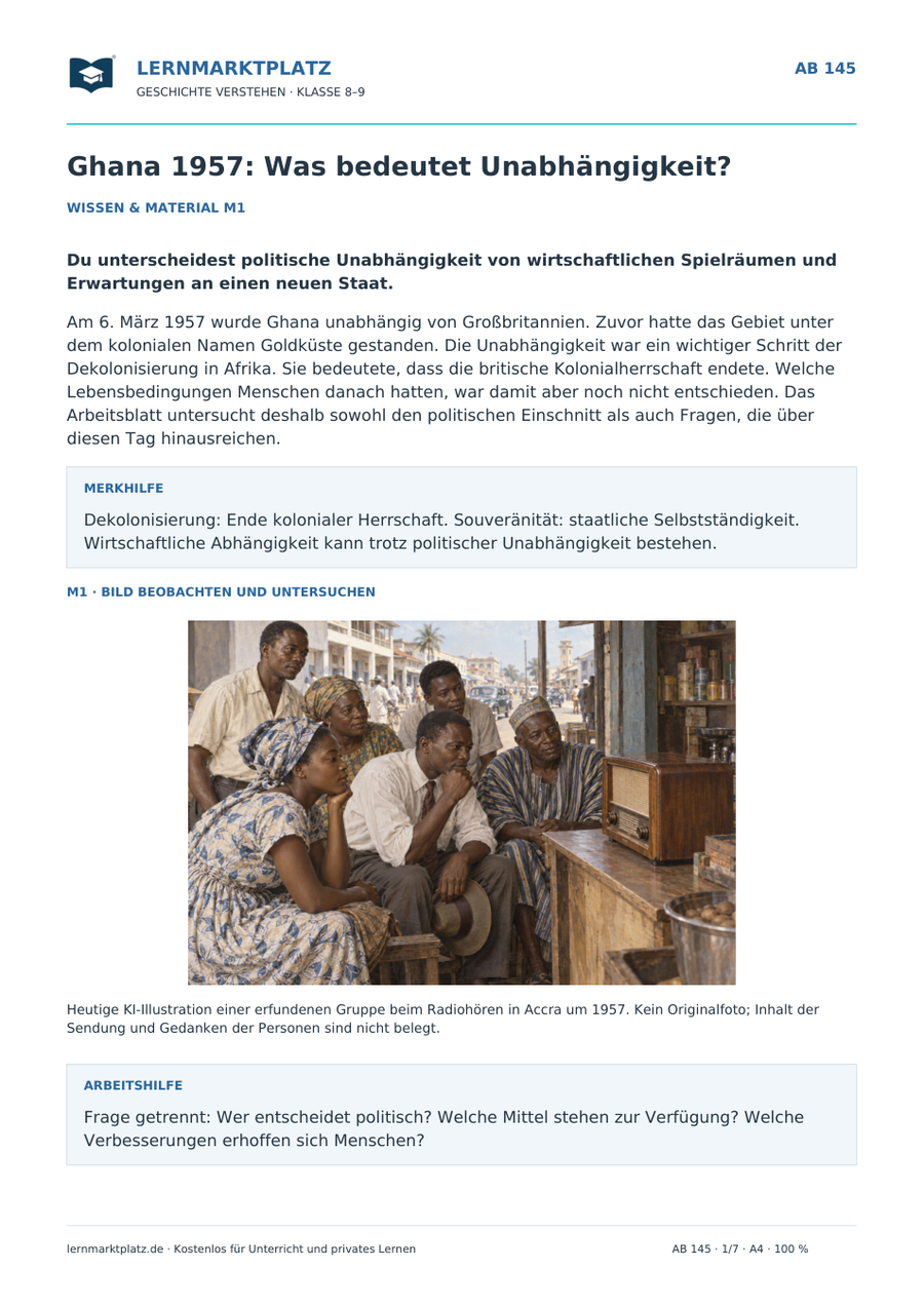 Vorschau Geschichte-Arbeitsblatt 145: Ghana 1957: Was bedeutet Unabhängigkeit?, mit Lösungen