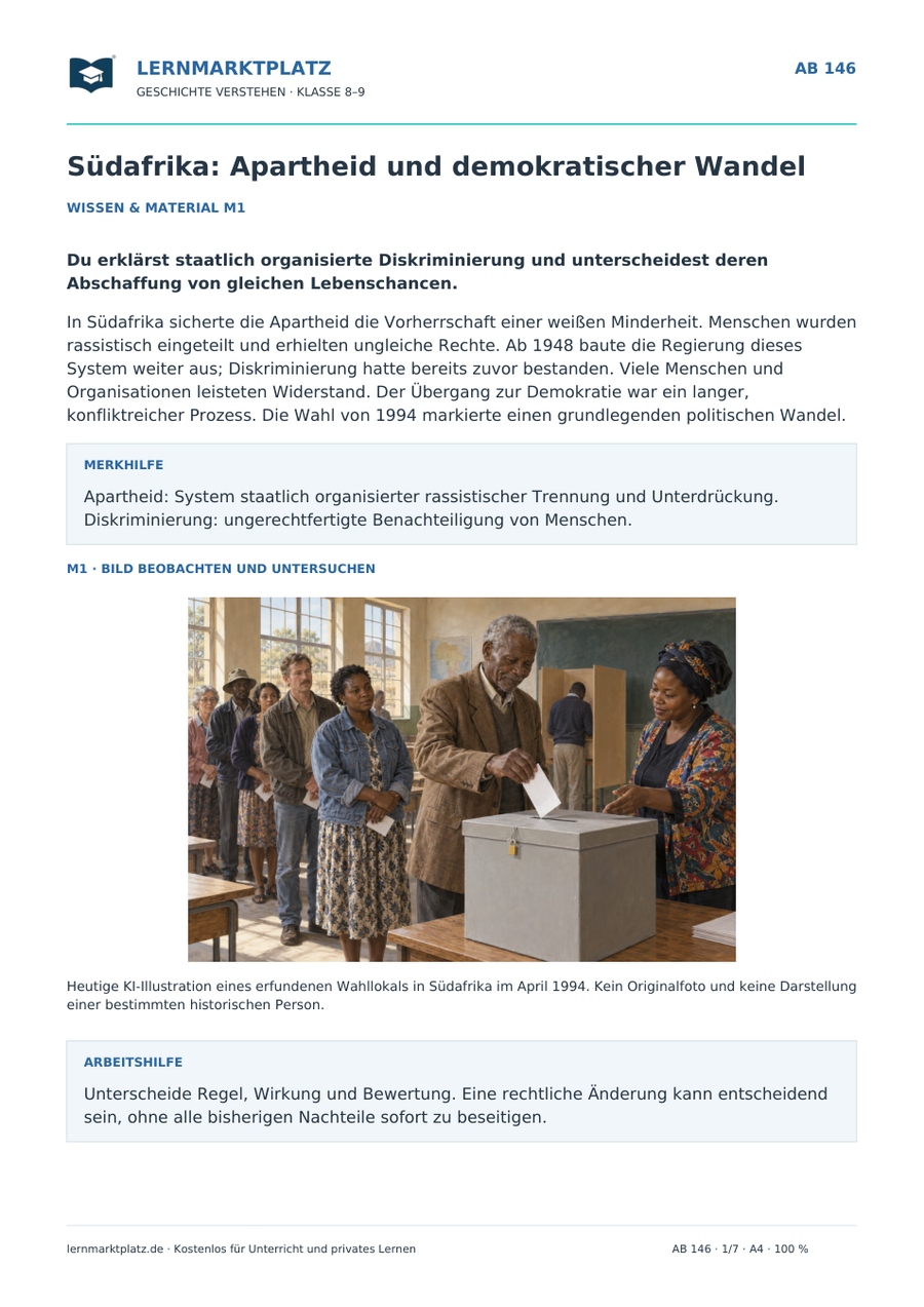 Vorschau Geschichte-Arbeitsblatt 146: Südafrika: Apartheid und demokratischer Wandel, mit Lösungen