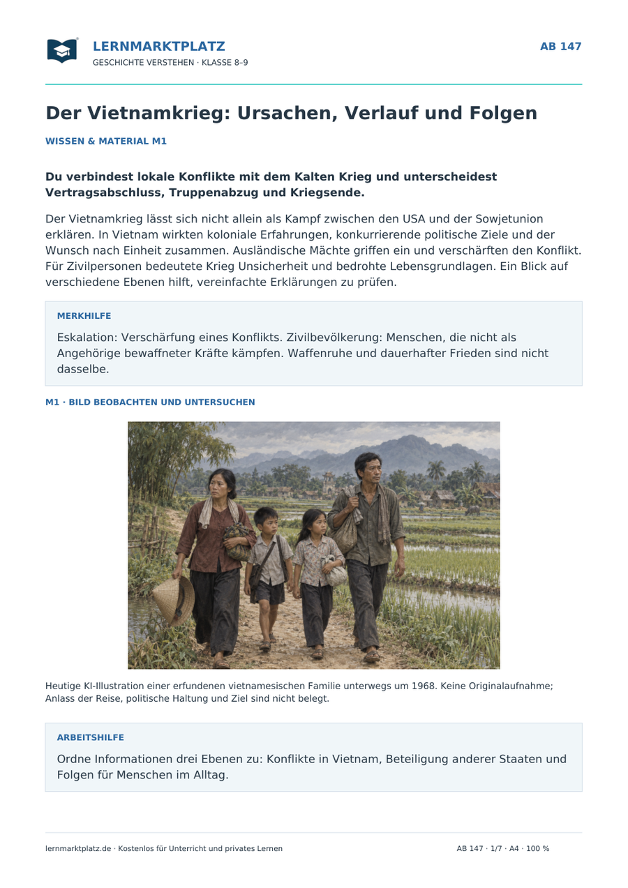 Vorschau Geschichte-Arbeitsblatt 147: Der Vietnamkrieg: Ursachen, Verlauf und Folgen, mit Lösungen