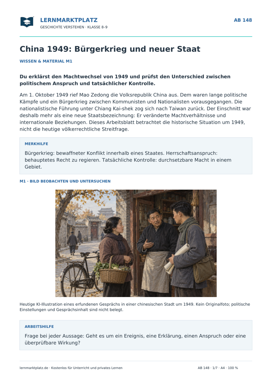 Vorschau Geschichte-Arbeitsblatt 148: China 1949: Bürgerkrieg und neuer Staat, mit Lösungen