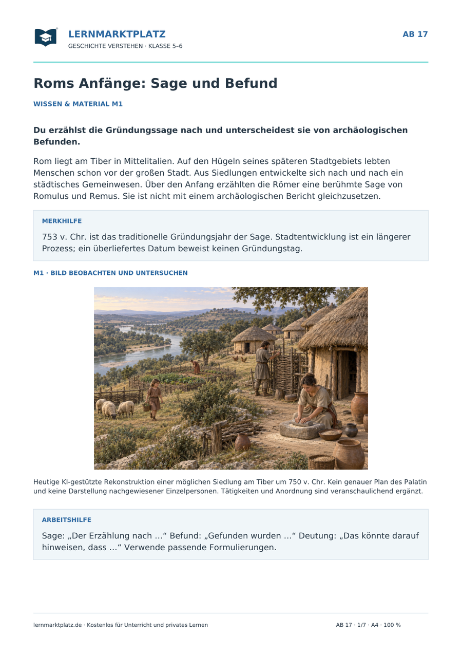 Vorschau: Roms Anfänge: Sage und Befund – Geschichte-Arbeitsblatt Klasse 5–6