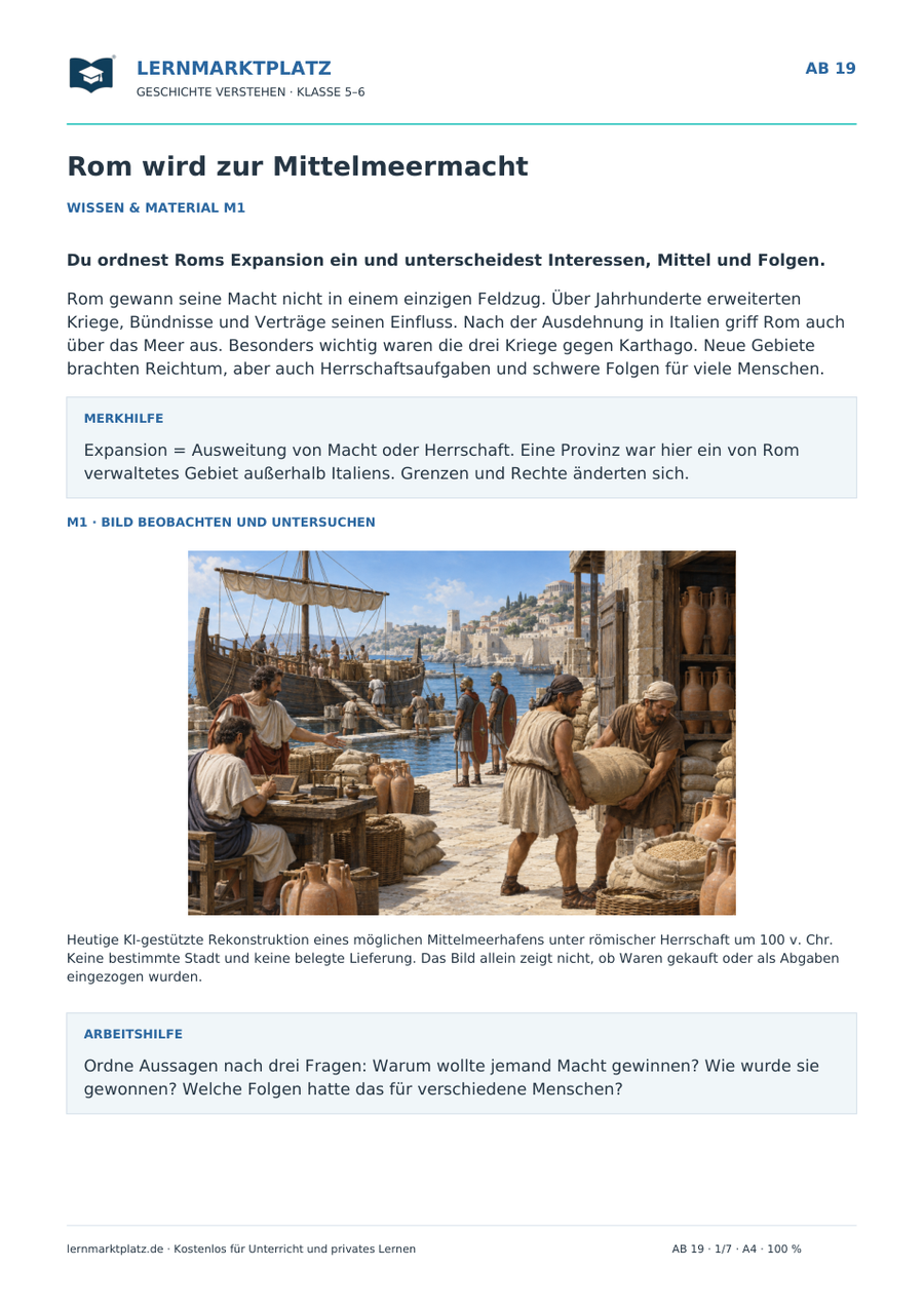 Vorschau: Rom wird zur Mittelmeermacht – Geschichte-Arbeitsblatt Klasse 5–6