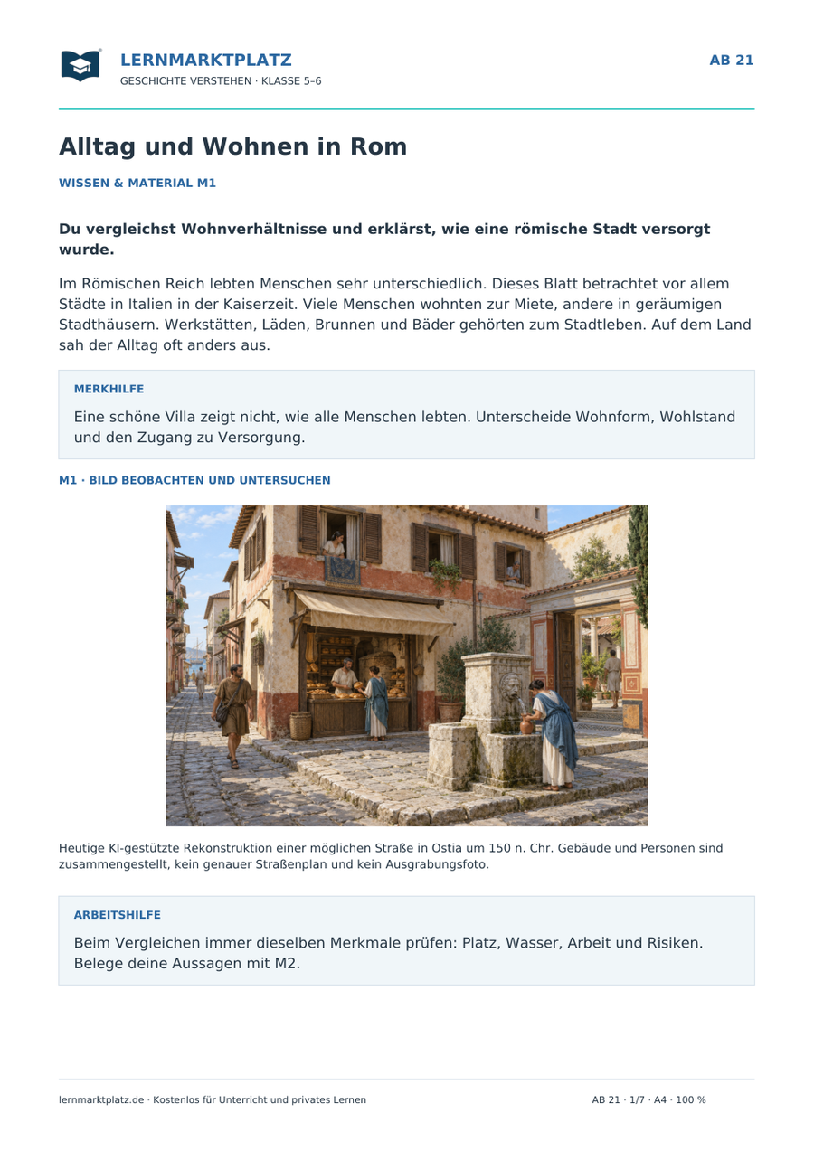 Vorschau: Alltag und Wohnen in Rom – Geschichte-Arbeitsblatt Klasse 5–6