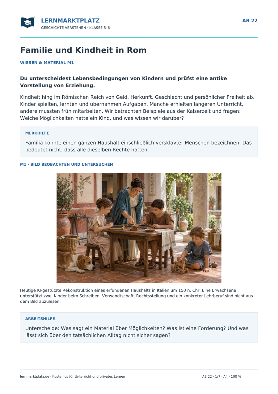 Vorschau: Familie und Kindheit in Rom – Geschichte-Arbeitsblatt Klasse 5–6