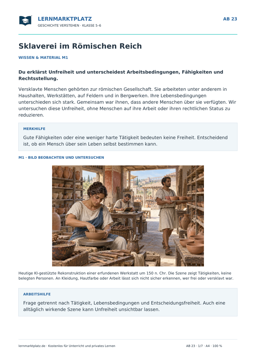 Vorschau: Sklaverei im Römischen Reich – Geschichte-Arbeitsblatt Klasse 5–6