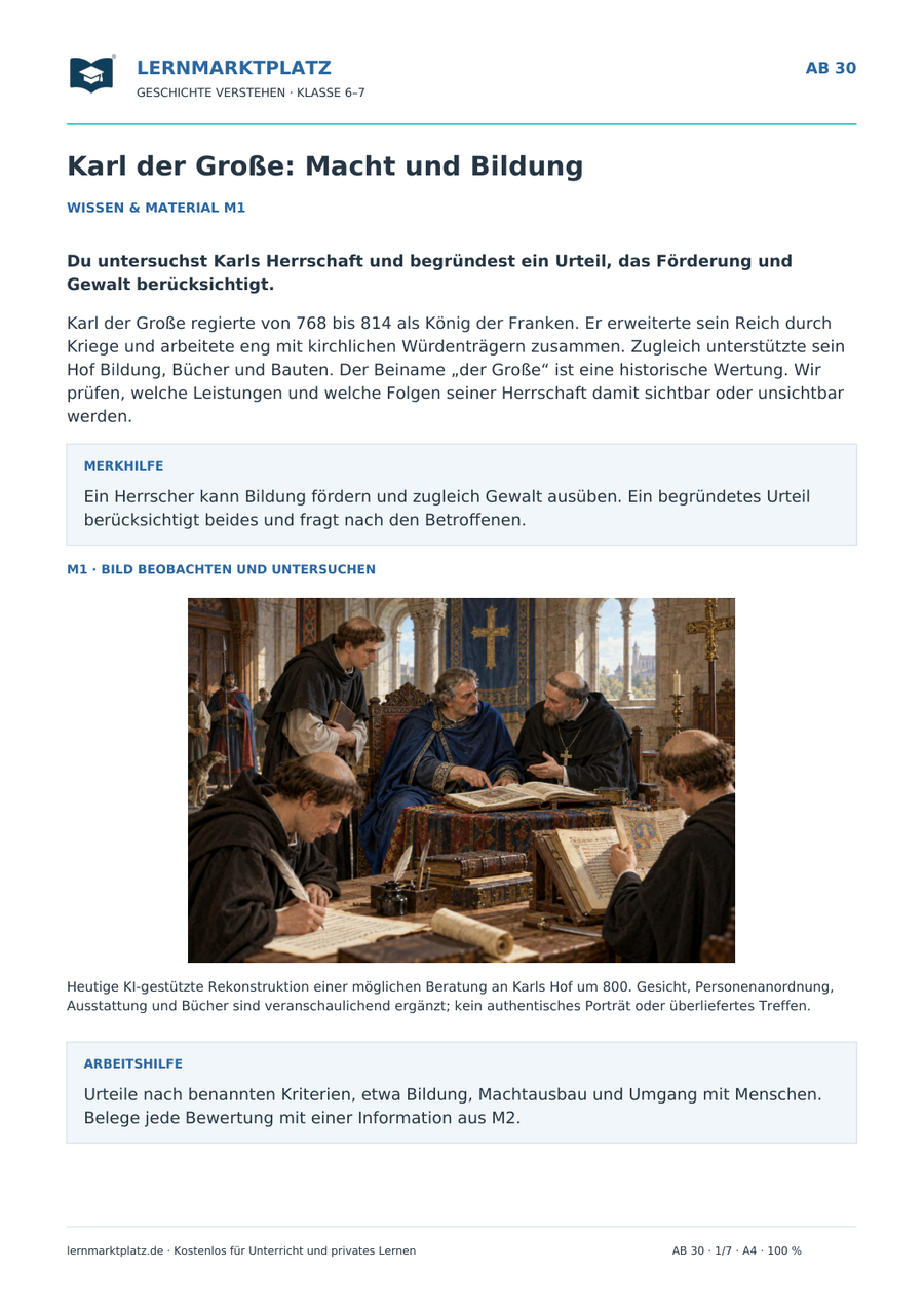 Vorschau: Karl der Große: Macht und Bildung – Geschichte-Arbeitsblatt Klasse 6–7