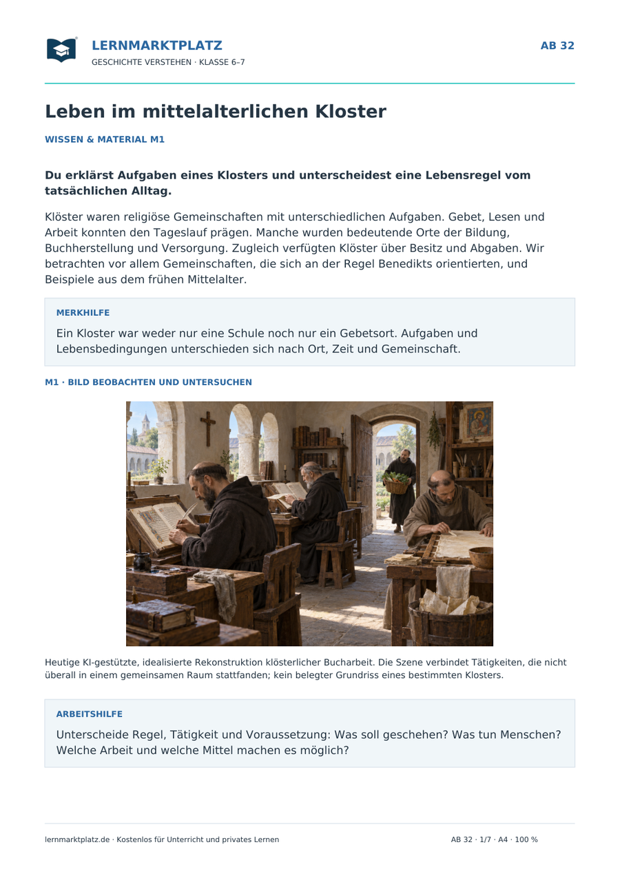 Vorschau: Leben im mittelalterlichen Kloster – Geschichte-Arbeitsblatt Klasse 6–7