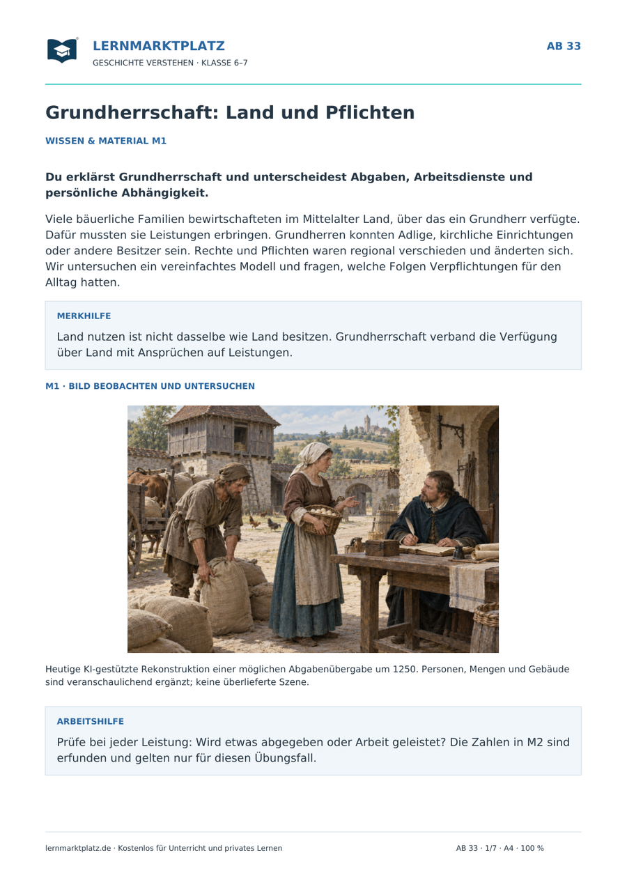 Vorschau: Grundherrschaft: Land und Pflichten – Geschichte-Arbeitsblatt Klasse 6–7