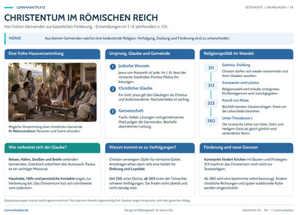Lernposter Christentum im Römischen Reich im Lernmarktplatz-Design mit Bild, Zeitleiste und übersichtlichen Erklärungen