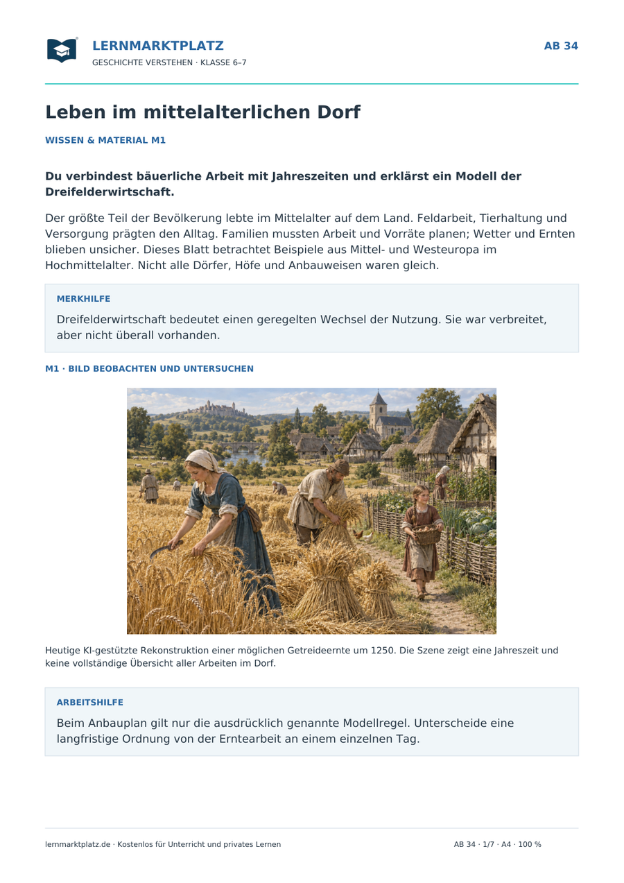 Vorschau: Leben im mittelalterlichen Dorf – Geschichte-Arbeitsblatt Klasse 6–7