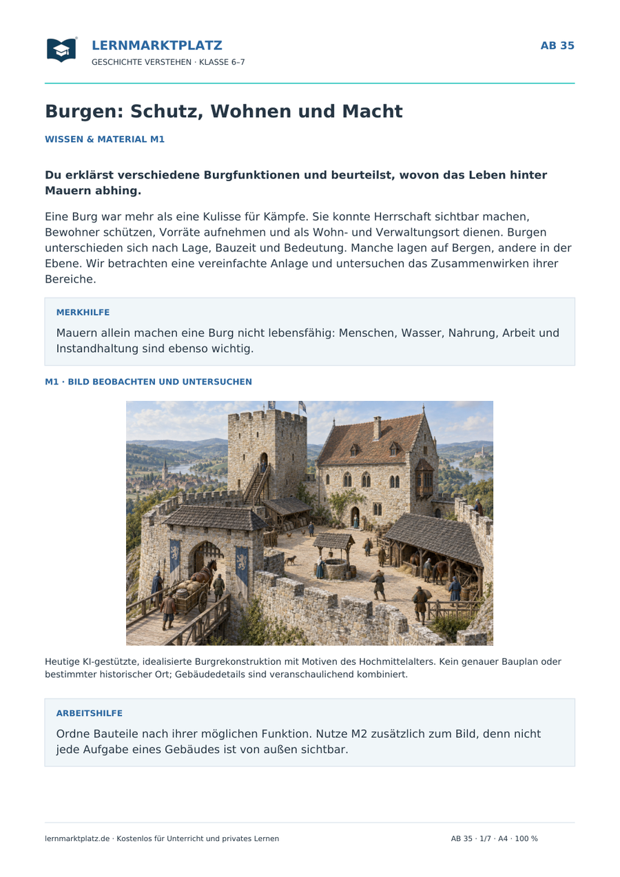 Vorschau: Burgen: Schutz, Wohnen und Macht – Geschichte-Arbeitsblatt Klasse 6–7