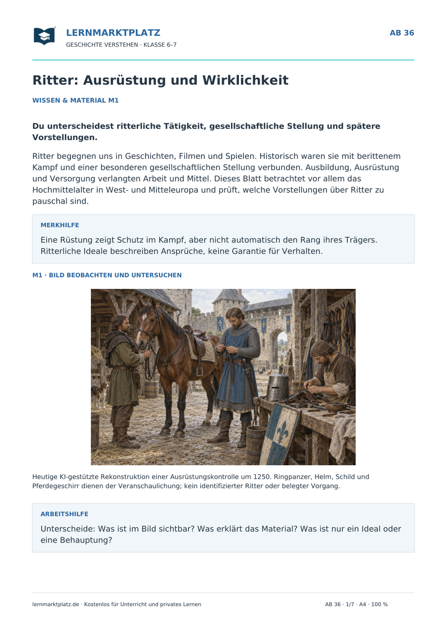 Vorschau: Ritter: Ausrüstung und Wirklichkeit – Geschichte-Arbeitsblatt Klasse 6–7