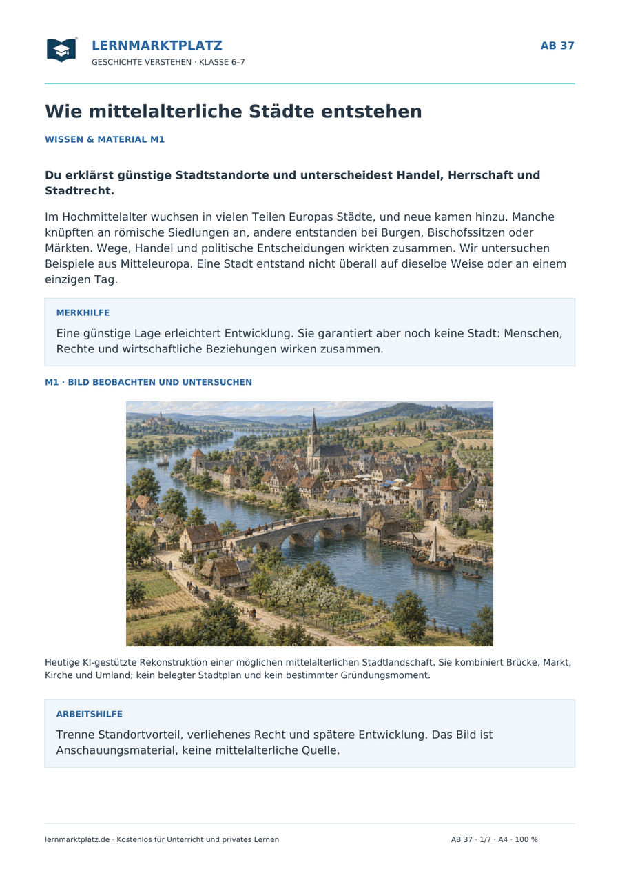 Vorschau: Wie mittelalterliche Städte entstehen – Geschichte-Arbeitsblatt Klasse 6–7