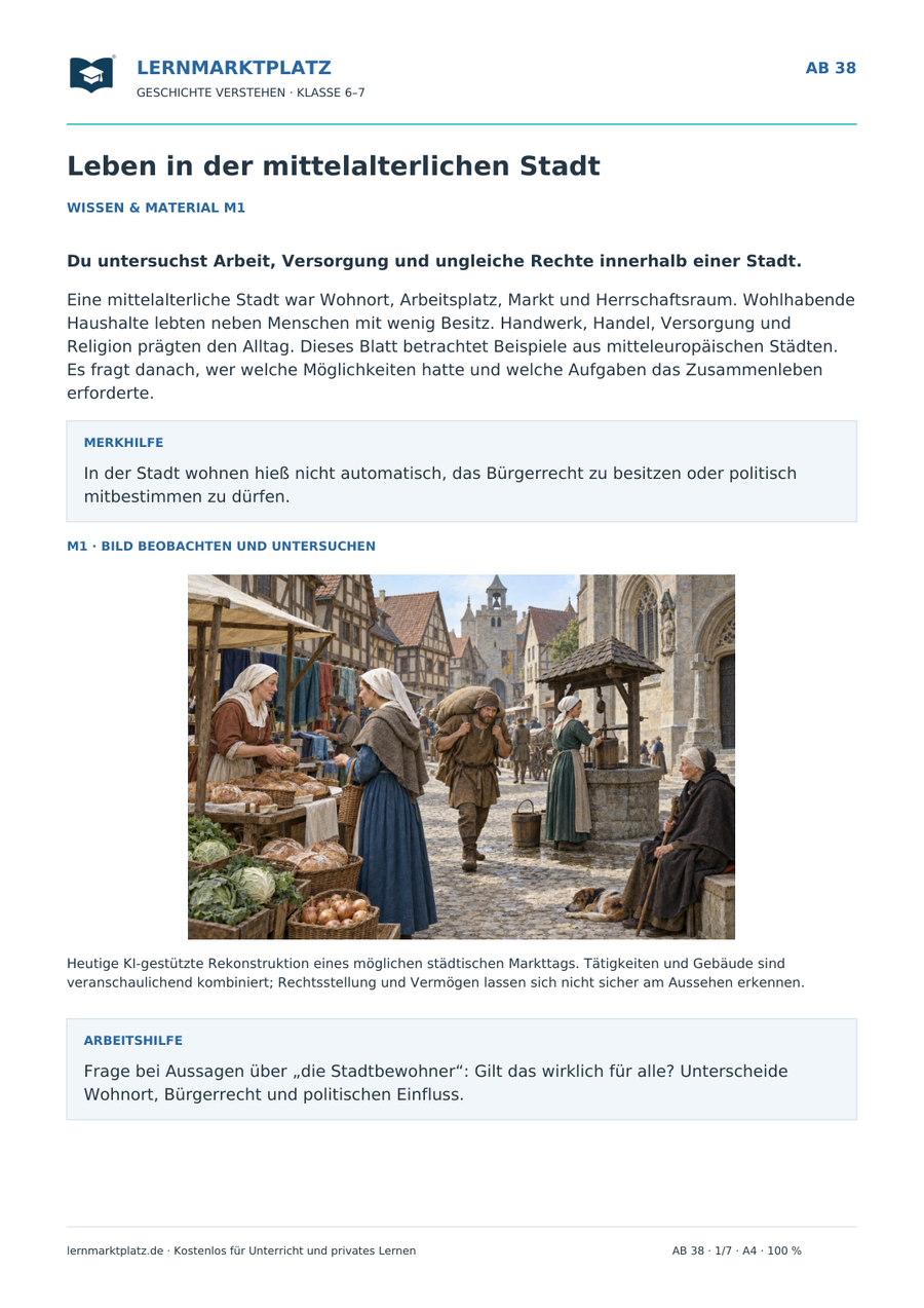 Vorschau: Leben in der mittelalterlichen Stadt – Geschichte-Arbeitsblatt Klasse 6–7