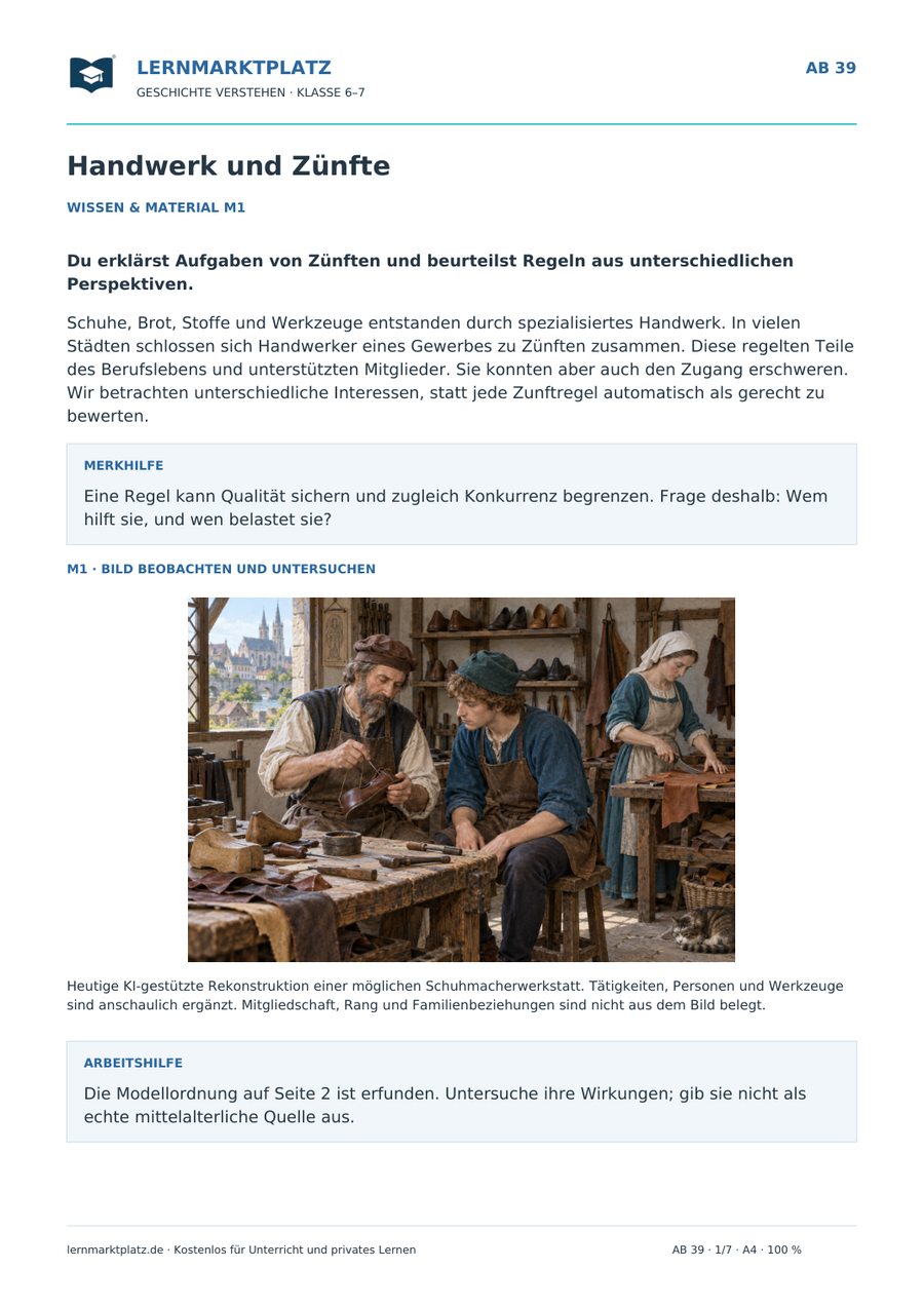 Vorschau: Handwerk und Zünfte – Geschichte-Arbeitsblatt Klasse 6–7