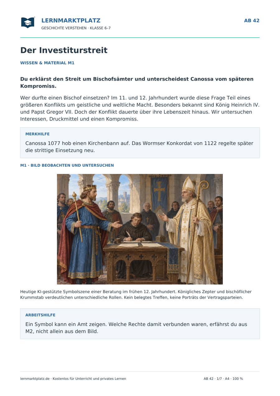 Vorschau: Der Investiturstreit – Geschichte-Arbeitsblatt Klasse 6–7