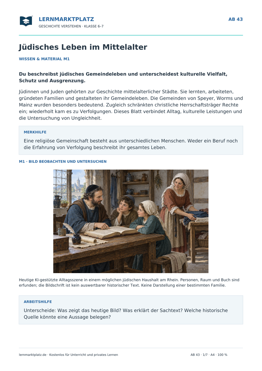 Vorschau: Jüdisches Leben im Mittelalter – Geschichte-Arbeitsblatt Klasse 6–7
