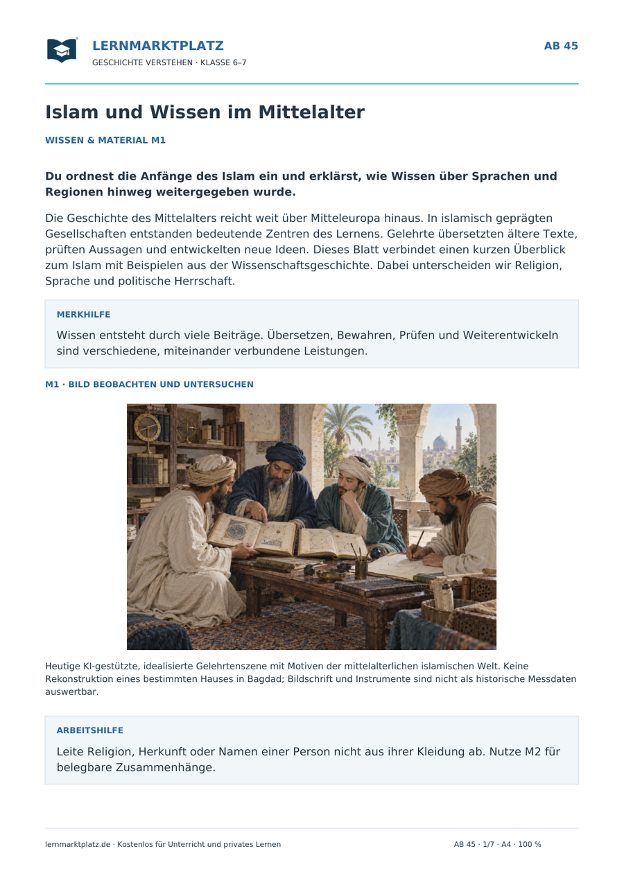 Vorschau: Islam und Wissen im Mittelalter – Geschichte-Arbeitsblatt Klasse 6–7