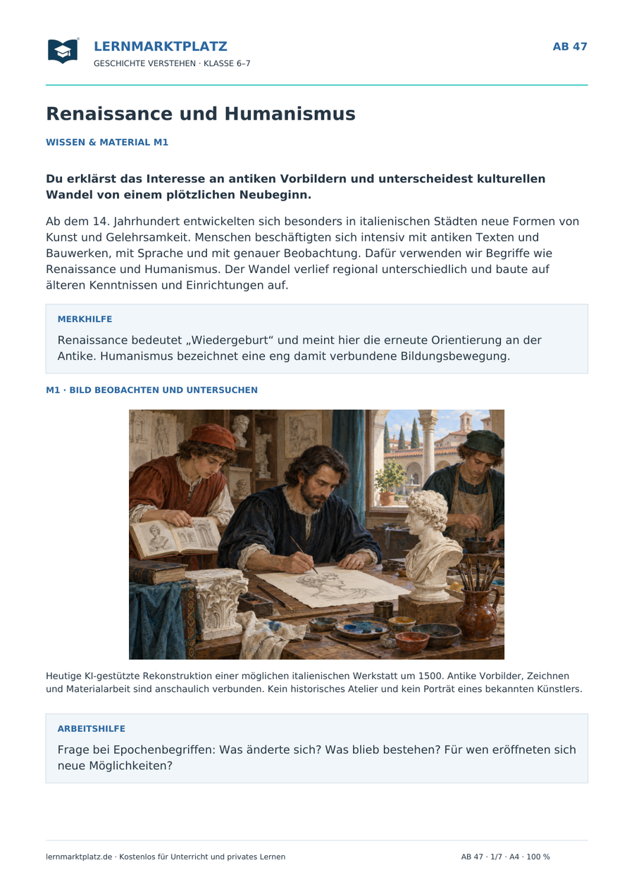 Vorschau: Renaissance und Humanismus – Geschichte-Arbeitsblatt Klasse 6–7