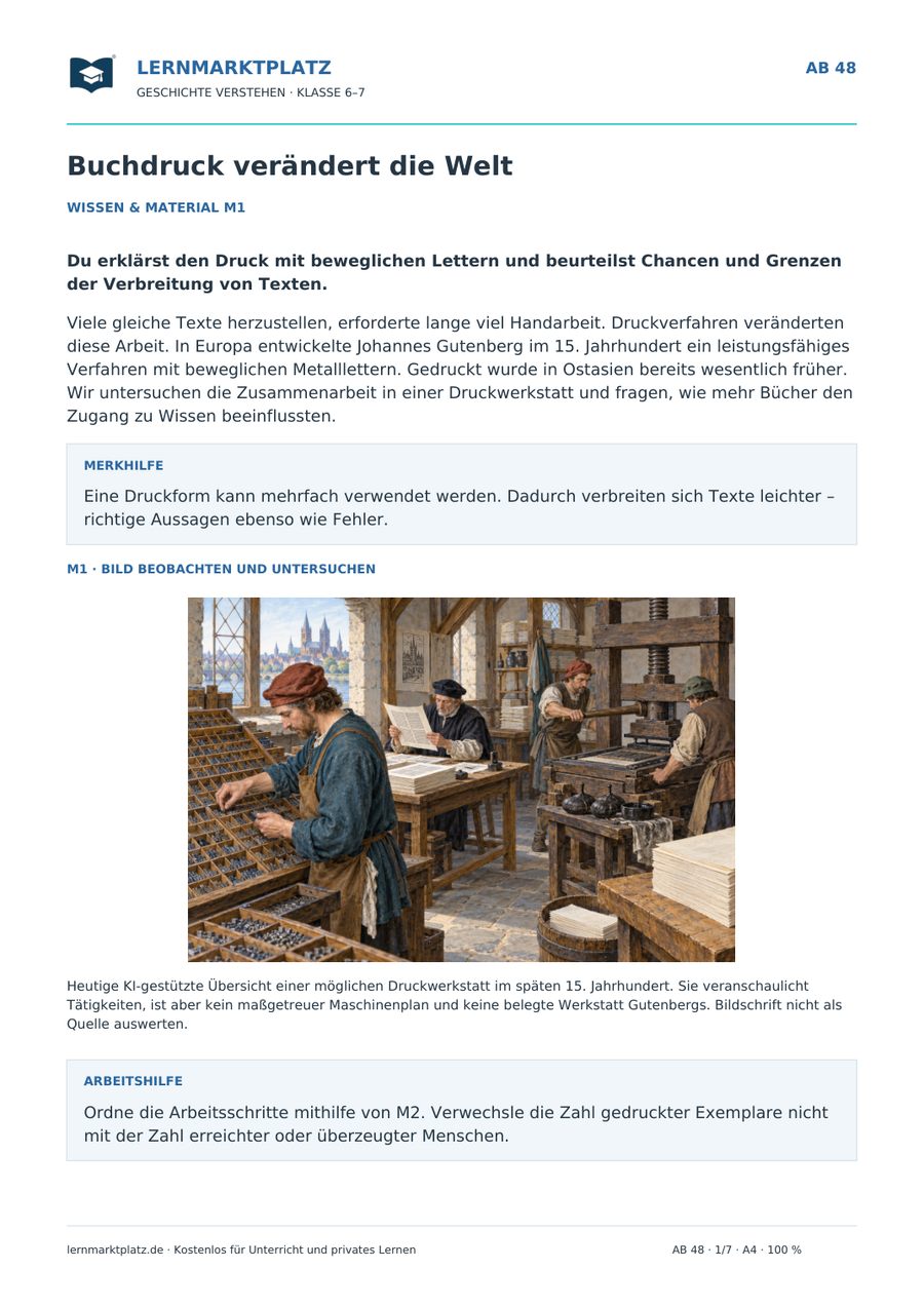 Vorschau: Buchdruck verändert die Welt – Geschichte-Arbeitsblatt Klasse 6–7