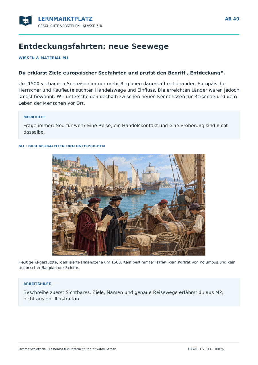 Vorschau: Entdeckungsfahrten: neue Seewege – Geschichte-Arbeitsblatt Klasse 7–8