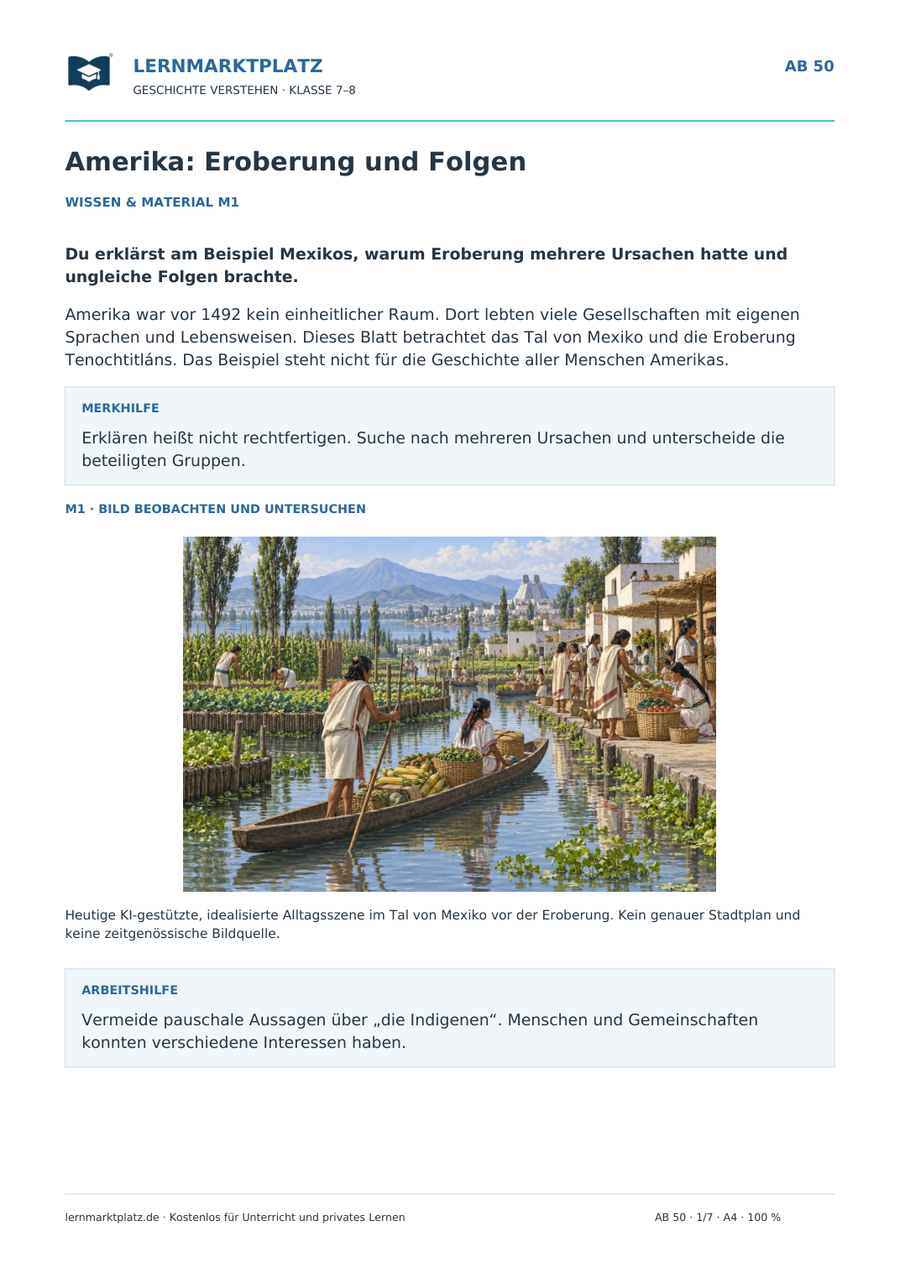 Vorschau: Amerika: Eroberung und Folgen – Geschichte-Arbeitsblatt Klasse 7–8