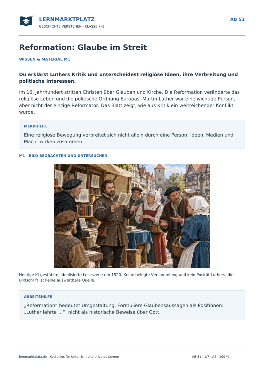 Vorschau: Reformation: Glaube im Streit – Geschichte-Arbeitsblatt Klasse 7–8