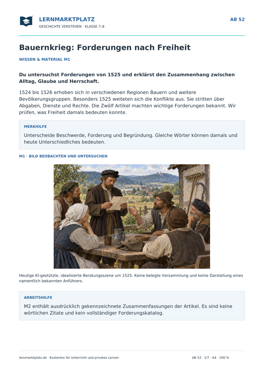 Vorschau: Bauernkrieg: Forderungen nach Freiheit – Geschichte-Arbeitsblatt Klasse 7–8
