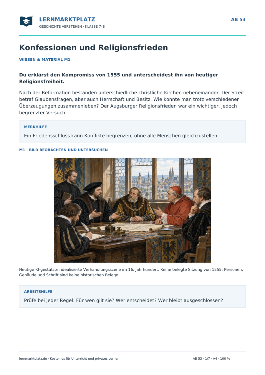 Vorschau: Konfessionen und Religionsfrieden – Geschichte-Arbeitsblatt Klasse 7–8