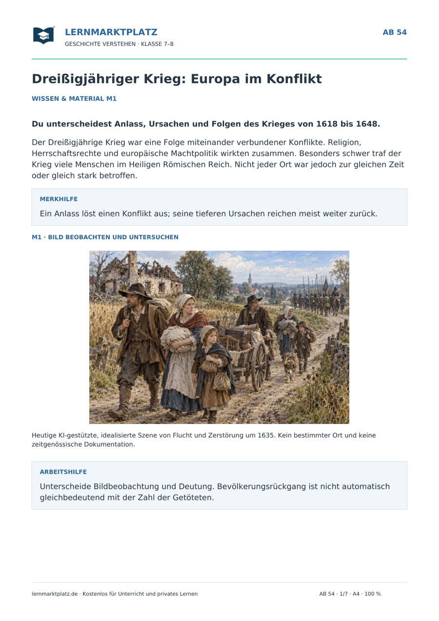 Vorschau: Dreißigjähriger Krieg: Europa im Konflikt – Geschichte-Arbeitsblatt Klasse 7–8