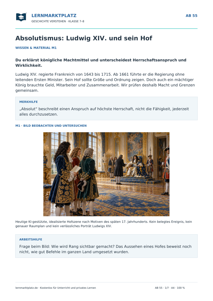Vorschau: Absolutismus: Ludwig XIV. und sein Hof – Geschichte-Arbeitsblatt Klasse 7–8