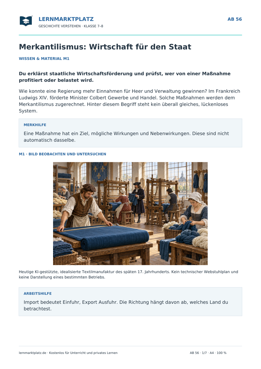 Vorschau: Merkantilismus: Wirtschaft für den Staat – Geschichte-Arbeitsblatt Klasse 7–8