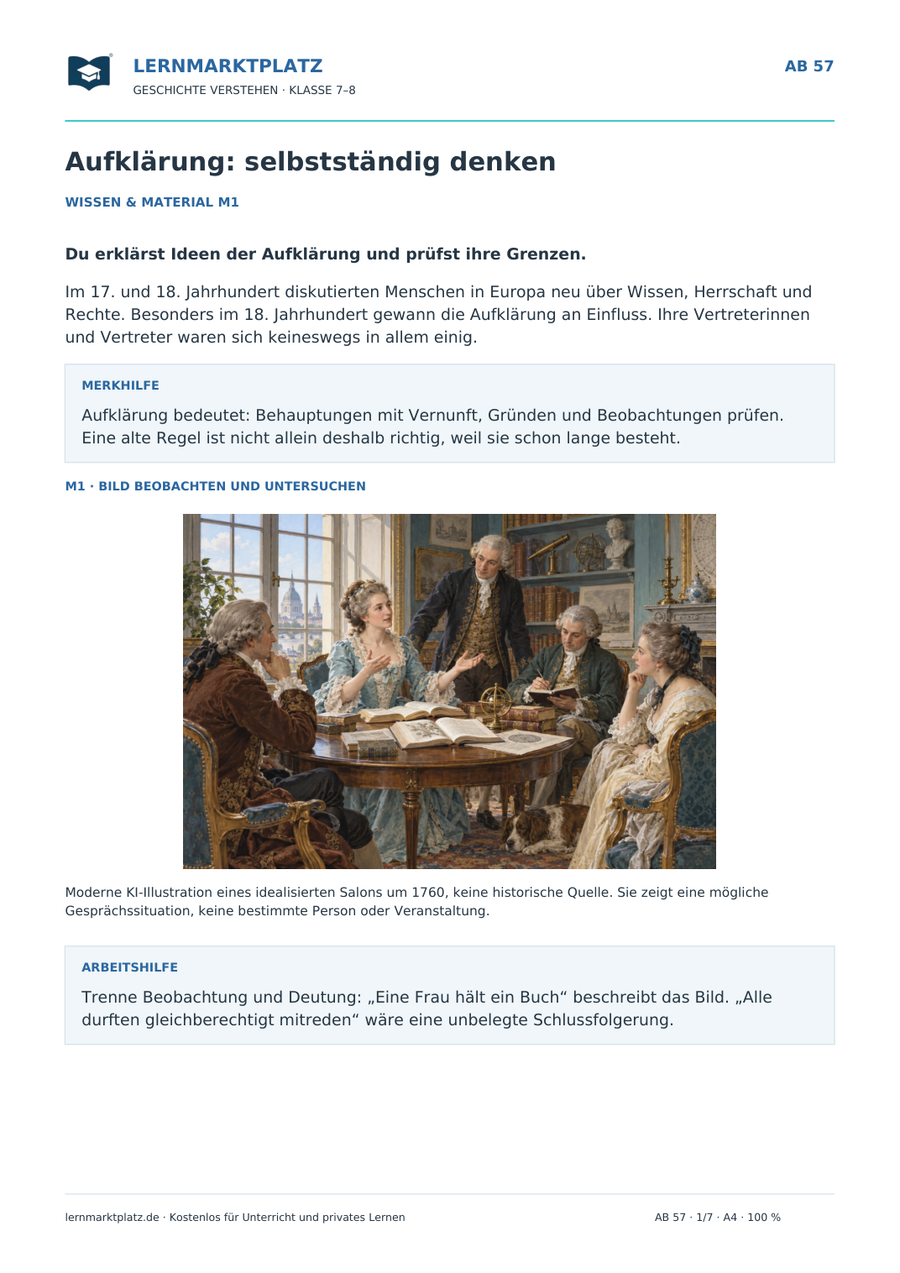 Vorschau: Aufklärung: selbstständig denken – Geschichte-Arbeitsblatt Klasse 7–8