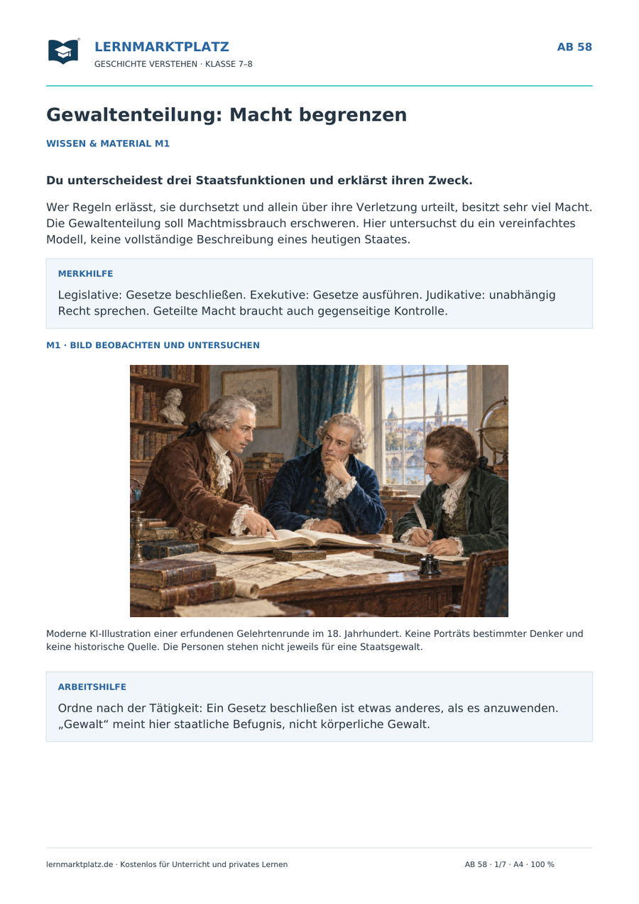 Vorschau: Gewaltenteilung: Macht begrenzen – Geschichte-Arbeitsblatt Klasse 7–8