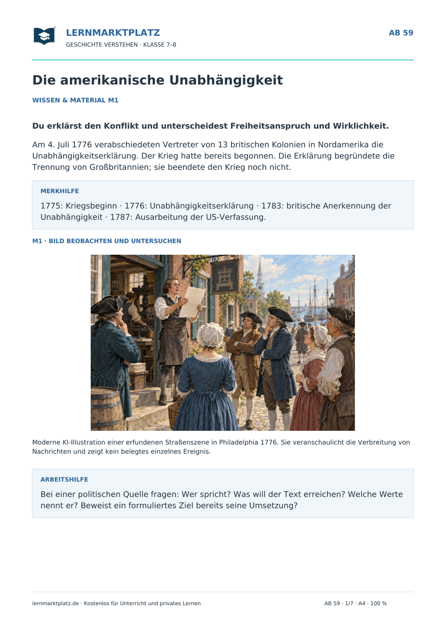 Vorschau: Die amerikanische Unabhängigkeit – Geschichte-Arbeitsblatt Klasse 7–8