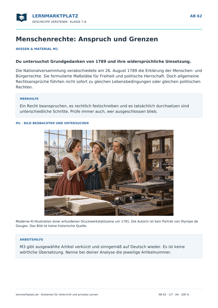 Vorschau: Menschenrechte: Anspruch und Grenzen – Geschichte-Arbeitsblatt Klasse 7–8