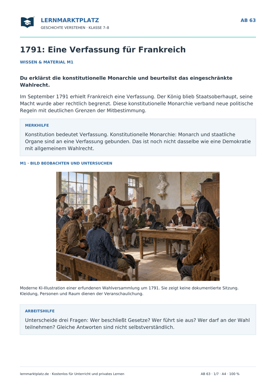Vorschau: 1791: Eine Verfassung für Frankreich – Geschichte-Arbeitsblatt Klasse 7–8